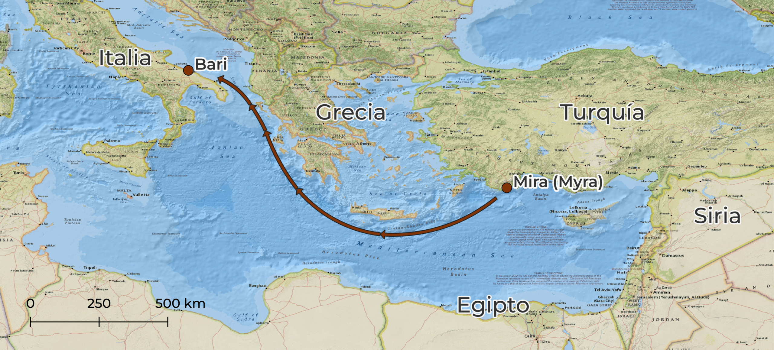 Mapa del Mediterráneo oriental que ilustra el traslado de las reliquias de San Nicolás desde Mira (Myra) hasta Bari